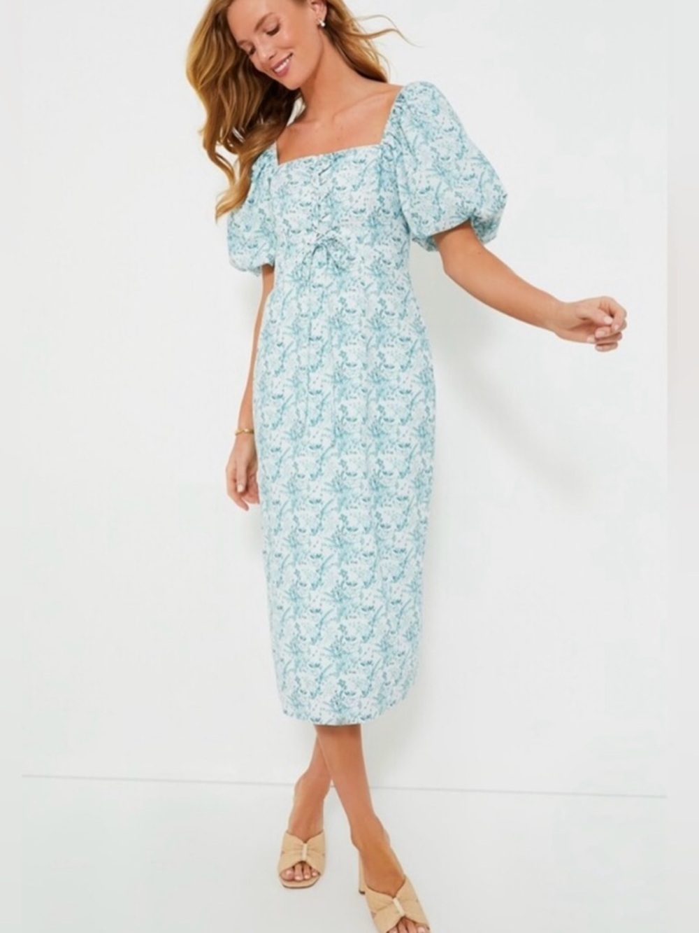 Tuckernuck Aqua Floral Square-Neck Puff-Sleeve Midi Dress